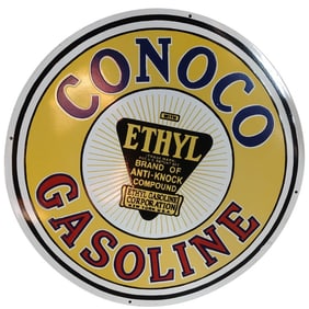 30-Inch Round Conoco Gasoline Porcelain Sign - Vintage Gas Station Collectible