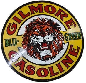 Vintage 30-Inch Round Single-Sided Gilmore Gasoline Porcelain Sign for Collectors