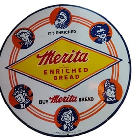 Vintage 30-Inch Round Porcelain Sign for Merita Enriched Bread - Unique Collectible Display