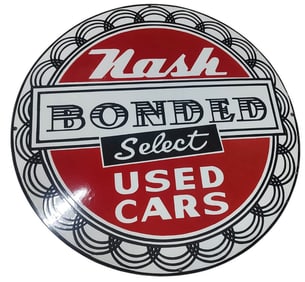 Vintage 30-Inch Round Porcelain Sign - Nash Bonded Select Used Cars