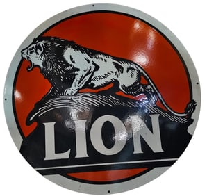 Vintage 30-Inch Round Single-Sided Porcelain Lion Sign for Bidding