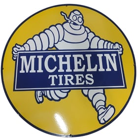 Vibrant 30-inch Round Michelin Tires Porcelain Sign for Collectors and Auto Enthusiasts