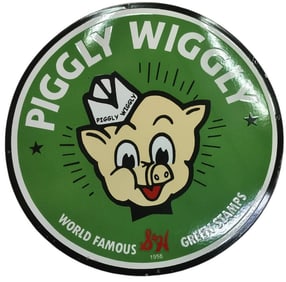Vintage 30-Inch Round Porcelain Sign Featuring Iconic Piggly Wiggly Pig Design