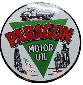 Vintage 30-Inch Round Paragon Motor Oil Porcelain Sign - Classic Automotive Decor