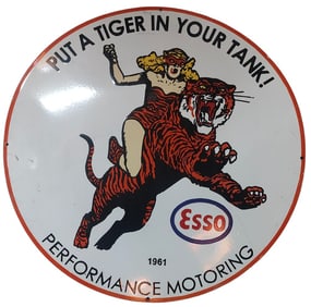 Vintage 30-Inch Round Single-Sided Porcelain Sign Featuring Esso's Iconic Tiger Design