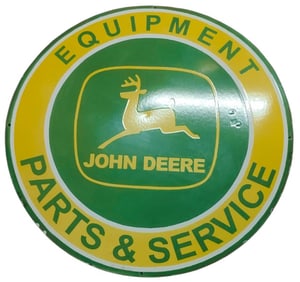 Vintage John Deere 30-Inch Round Porcelain Sign for Equipment Parts & Service Bidding