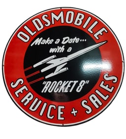 Vintage Oldsmobile Rocket 8 Porcelain Service & Sales Sign - 30 Inch Round Display