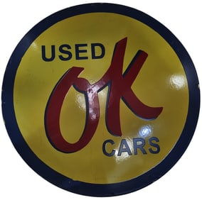 Vintage 30-Inch Round Porcelain Sign for Used OK Cars - Classic Collectible
