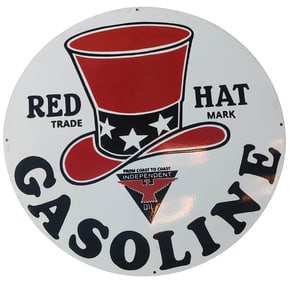 Vintage 30-Inch Round Porcelain Sign Featuring Red Hat Gasoline for Collectors