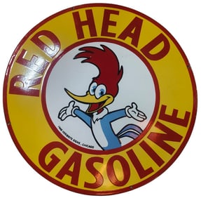Vintage 30-Inch Round Porcelain Sign Featuring Iconic Red Head Gasoline Character