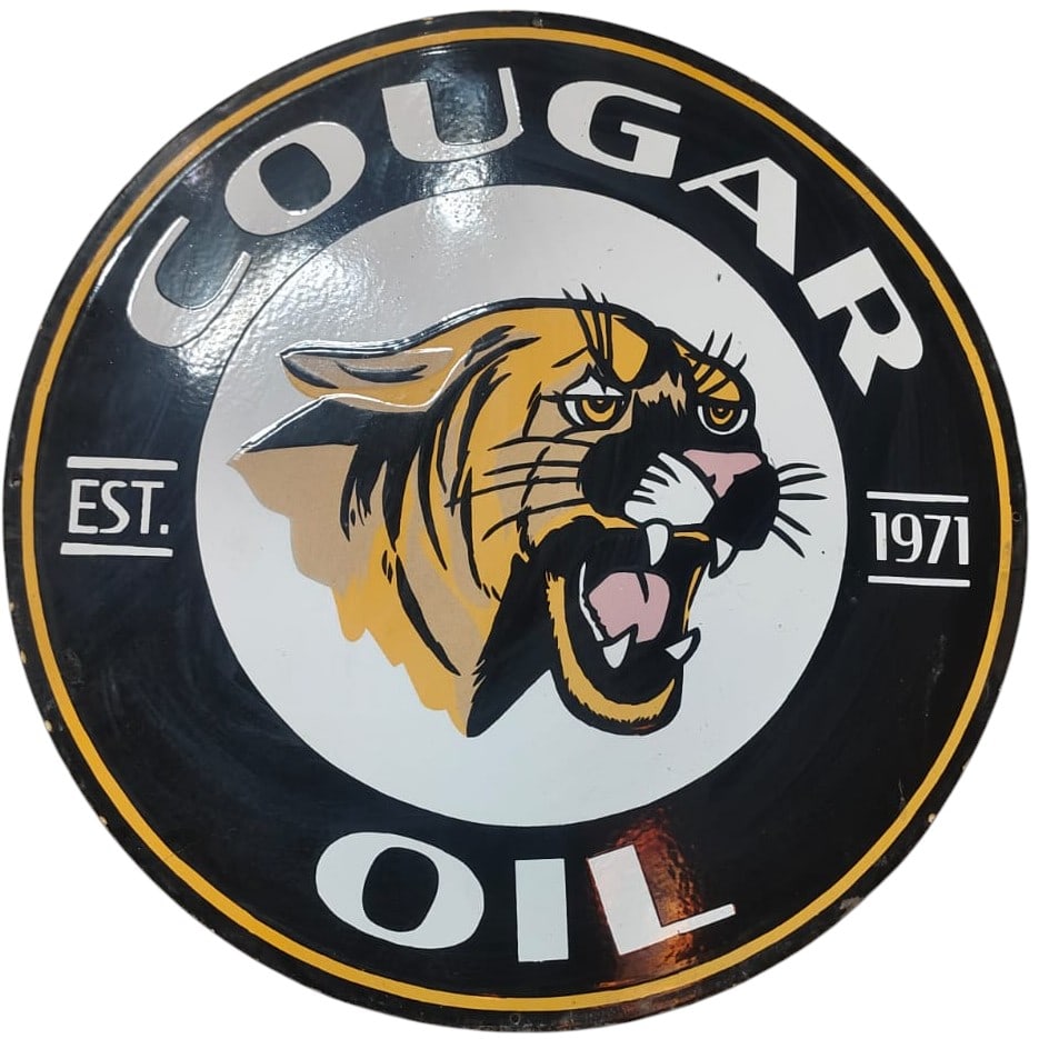 Vintage 30 Inch Single Sided Porcelain Sign - Cougar Oil - Unique Collectible Piece (1 of 1)