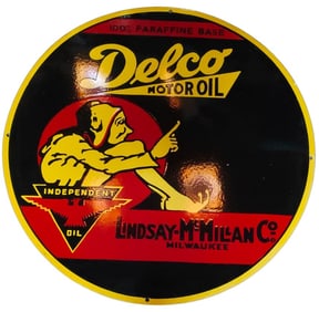 Vintage 30-Inch Round Delco Motor Oil Porcelain Sign - Perfect for Collectors and Enthusiasts