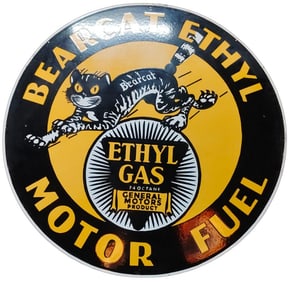 Vibrant 30-Inch Round Bearcat Ethyl Motor Fuel Porcelain Sign for Auction