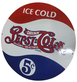 30-Inch Vintage Round Porcelain Pepsi-Cola Sign - Ice Cold Refreshment