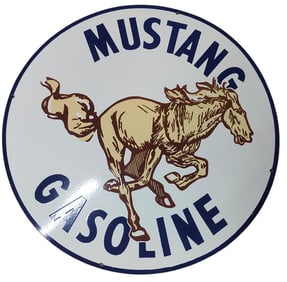 Vintage 30 Inch Round Mustang Gasoline Porcelain Sign - Classic Automotive Decor