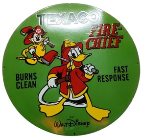 Vintage Texaco Fire-Chief Porcelain Sign Featuring Disney Characters - 30-Inch Round Artwork