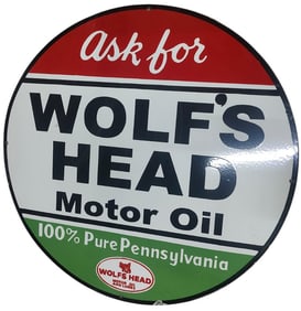 30 Inch Round Porcelain Sign - WOLF'S HEAD Motor Oil - Vintage Style Advertising
