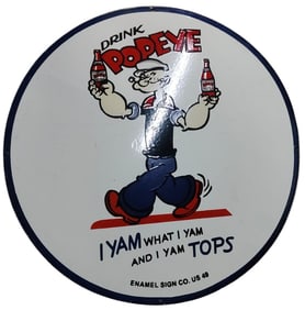 Rare Vintage Popeye 30-Inch Porcelain Sign - Drink Popeye Collectible