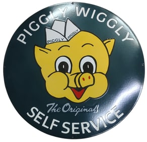 Vintage Piggly Wiggly Self Service 30 Inch Round Porcelain Sign for Collectors