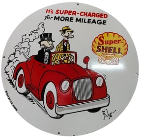 Vintage Super Shell Gasoline 30-Inch Round Porcelain Sign - Classic Auto Art