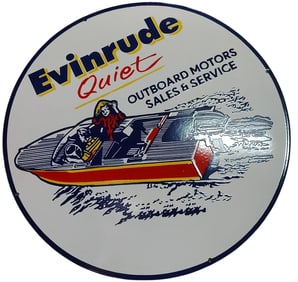 Evinrude Quiet Outboard Motors Sales & Service 30-Inch Round Porcelain Sign