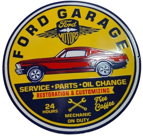 Vintage Ford Garage Sign ? 30-Inch Round Porcelain Display for Car Enthusiasts