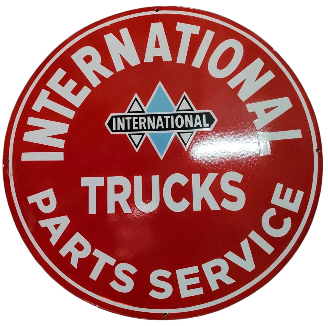 30-Inch Single-Sided Porcelain Sign: International Trucks Parts Service Art Piece: This stunning 30-inch round single-sided porcelain sign is a perfect blend of vintage style and bold advertising. Ideal for collectors, enthusiasts, or anyone looking to add a unique touch to their ho