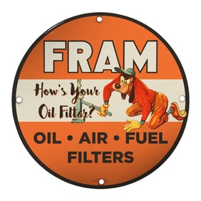 Vintage Fram Oil Filter Sign: Classic 8" Porcelain Sign for Car Enthusiasts