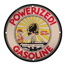 Vintage 8" Porcelain Powered Gasoline Sign by Sunburst Refining - Moon Mullins Artwork