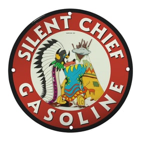 Vintage Silent Chief Gasoline 8" Porcelain Sign - Collectible Americana Art