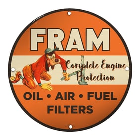 Vintage FRAM Porcelain Sign: Complete Engine Protection - Oil, Air, Fuel Filters