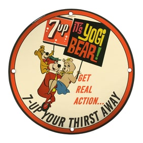 Vintage 7-Up Porcelain Sign Featuring Yogi Bear - Collectible Wall Decor