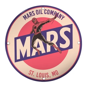 Authentic 8" Porcelain Vintage Mars Oil Company Sign Featuring Iconic Spider-Man Artwork