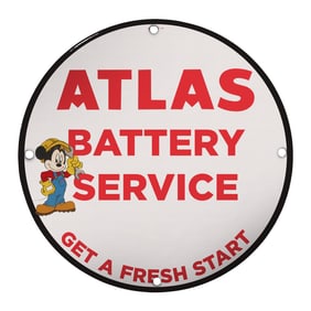 Vintage 8" Porcelain Sign: Atlas Battery Service with Playful Design