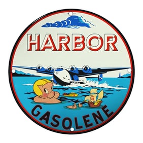 Vintage 8" Harbor Gasolene Porcelain Sign - Nautical Retro Decor