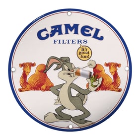 Vintage Camel Filters 8" Porcelain Sign Featuring Iconic Cartoon Rabbit - Collectible D?cor