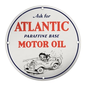 Vintage Atlantic Paraffin Base Motor Oil 8" Porcelain Sign ? Perfect for Collectors