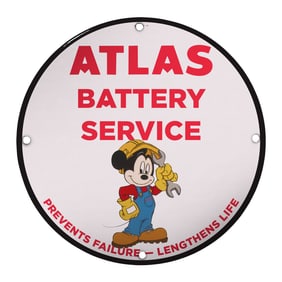 Vintage 8" Porcelain Sign - Atlas Battery Service Featuring Classic Mickey Mouse