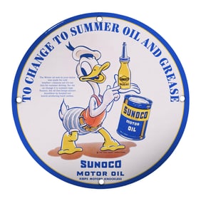 Vintage 8" Porcelain Sign: Sunoco Motor Oil Featuring Iconic Cartoon Character