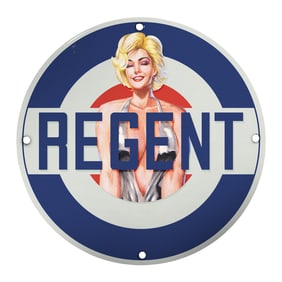 Vintage 8" Porcelain Regent Sign Featuring Glamorous Female Icon - Collectible Art Deco Decor