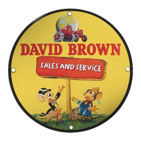 Vintage 8" David Brown Porcelain Sign: Sales and Service with Classic Tractor Design