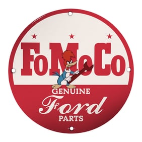 Vintage FoMoCo Genuine Ford Parts 8" Porcelain Sign Featuring Woody Woodpecker