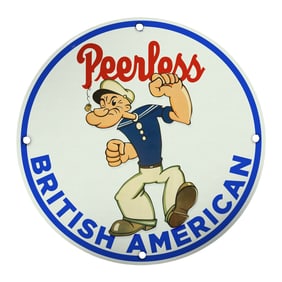 Vintage Peerless British American 8" Porcelain Sign Featuring Classic Sailor Design