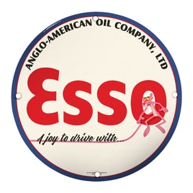 Vintage 8" Porcelain Esso Sign with Pink Panther - Iconic Gas Station Memorabilia