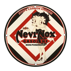 Nevi-Nox Gasoline 8" Round Porcelain Sign - Vintage Automotive Decor for Collectors