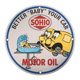 Vintage SOHIO Motor Oil Porcelain Sign - 8" Round, Perfect for Auto Enthusiasts