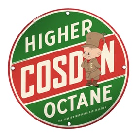 Vintage 8" Porcelain Sign for Cosden Higher Octane Gasoline - Collectible Automotive Art