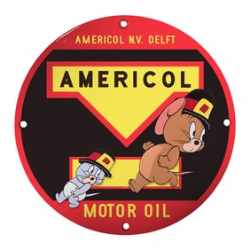 Vintage Americol Motor Oil Porcelain Sign Featuring Classic Animation Characters