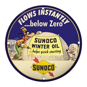 Vintage 8" Porcelain Sign: Sunoco Winter Oil - Flows Instantly Below Zero