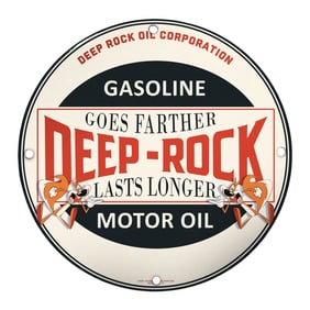 Vintage Deep Rock Oil Corporation Porcelain Sign - 8" Round Gasoline & Motor Oil